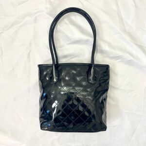Early 2000's Faux Patent Black Quilted Small Medium Top Handel Tote Bag